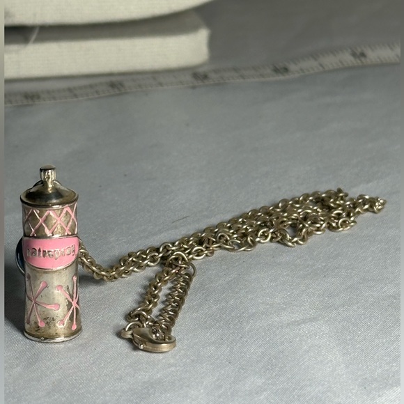 Older silvertone charm Hairspray can necklace - Picture 3 of 7